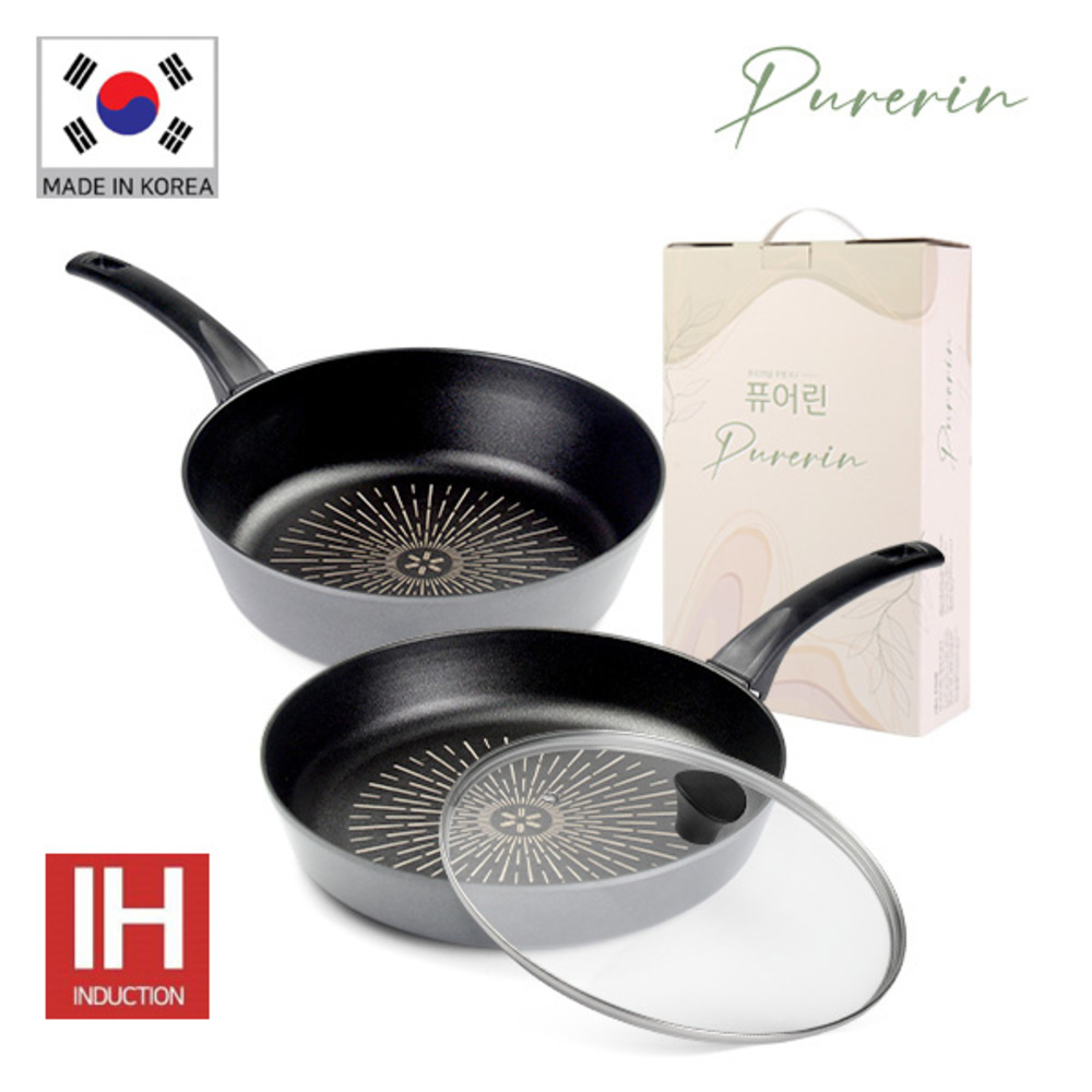 Pure-Rin 퓨어린 쿡 라이트(Cook-Right) 인덕션 IH 프라이팬 3종B세트(프라이팬28cm+궁중팬24cm+유리뚜껑24cm)